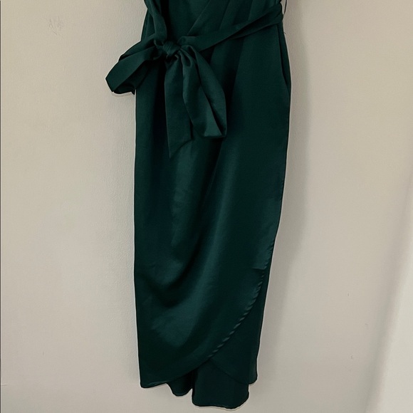 Lulu's Forest Green Satin Wrap Midi Dress - Picture 3 of 9